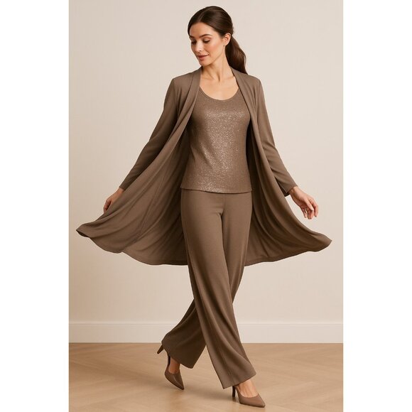 R&M Richards Size 14W Womens 3/4 Sleeve Brown Sparkle Pantsuit - Picture 5 of 16